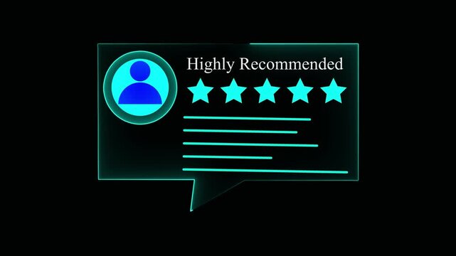 Highly Recommended Five Star Review HUD Interface Animation on Black Background, Digital Cyan Speech Bubble Box with User Profile Icon and Rated Glow Stars Graphic Element for Product Promotion Vlog.