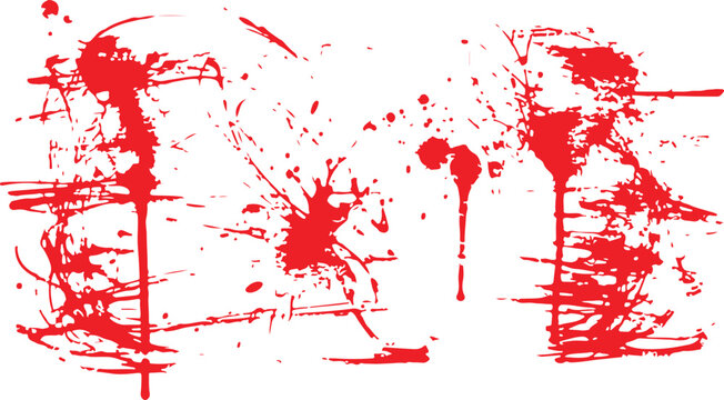 A collection of high-contrast, hand-drawn red ink splatters, sprays, and drip textures on a white background.