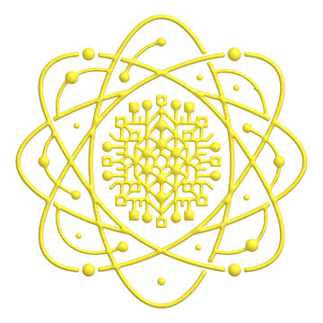 Yellow abstract circular design with geometric center and orbiting elements on transparent background.