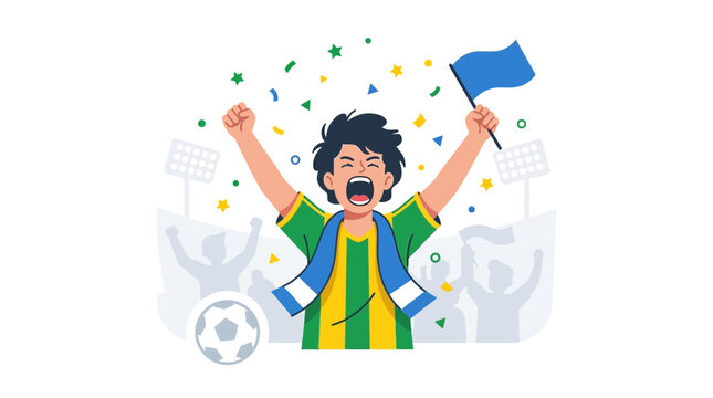 Excited soccer fan celebrating with arms raised and blue flag in hand