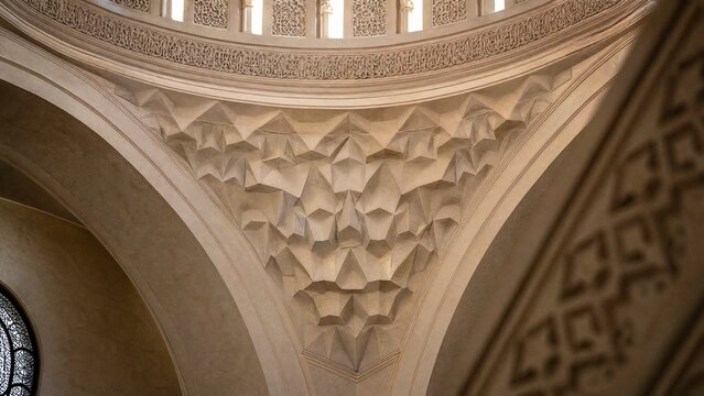 Islamic architectural interior with geometric patterns under a dome, soft ambient light.