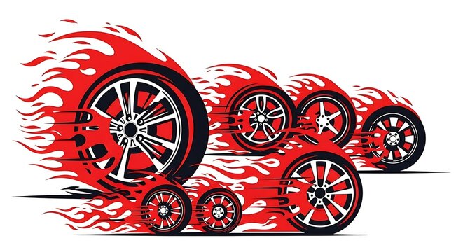 Fast moving car wheels surrounded by dynamic flames with automotive, performance