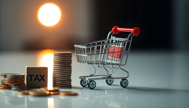 A shopping cart with coins and tax block on a table indoors.