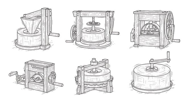 Set of vintage manual grain mills and hand operated grinders with machinery