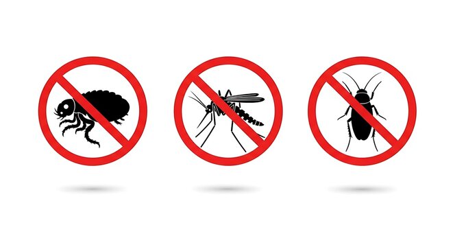 Pest control prohibition sign set with flea mosquito and cockroach silhouettes