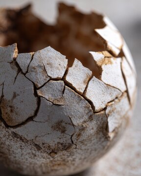 Cracked eggshell with intricate texture and patterns, showcasing the delicate structure and natural imperfections of the surface against a blurred background