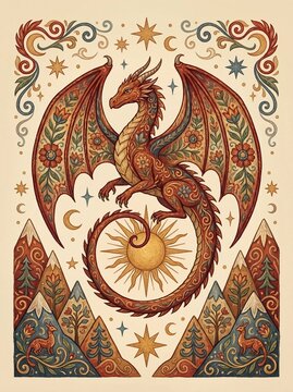 Folk Art Dragon Illustration with Radiant Sun and Decorative Scandinavian Patterns