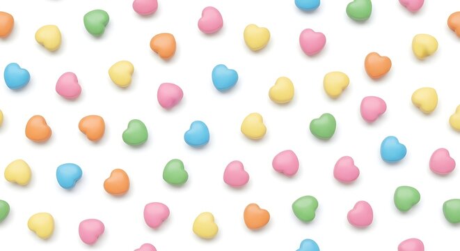 Seamless pattern of colorful candy hearts on white background with valentines