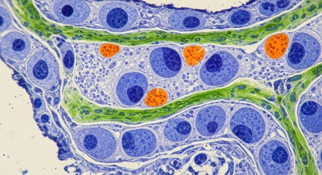 Microscopic view of seminiferous tubules showing sperm cells, Leydig cells, and Sertoli cells, scientific illustration, biology education, medical research imagery