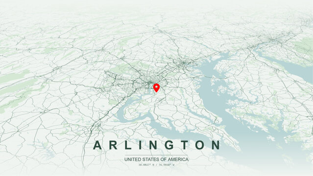 Modern minimalist vector map of Arlington, Virginia, USA. High-quality scalable illustration of Arlington city grid, Potomac River waterfront, and Washington D.C. regional transit networks for posters