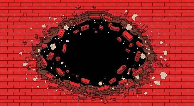 Exploding red brick wall background with a dark oval hole in the center