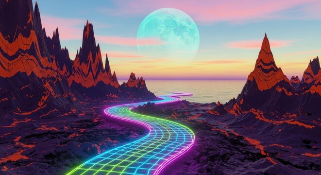 Retro pixel art landscape with a glowing neon road winding through jagged mountains towards a large cyan moon over a calm ocean at sunset