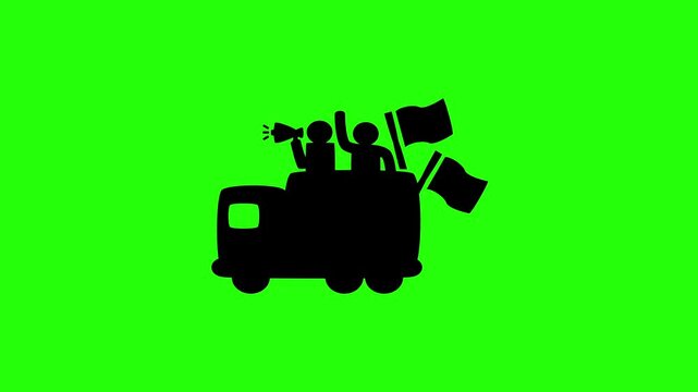 High quality 4K video showing activists waving flags on a rally campaign truck silhouette bouncing. Creative technical asset for election vlog.