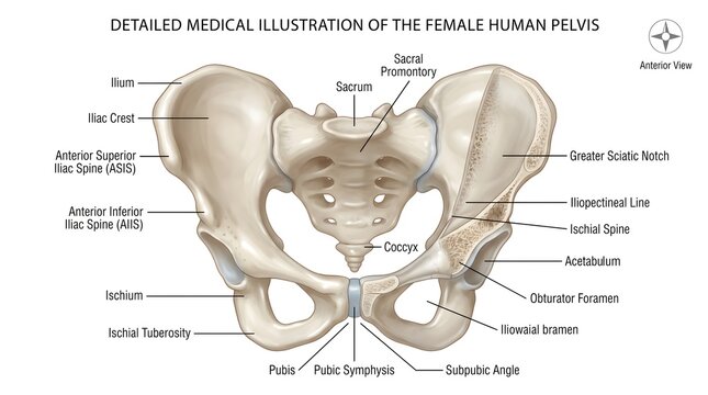 Detailed medical illustration of the female human pelvis anterior view highlighting wider pelvic inlet, iliac crests, sacrum, coccyx, ischial spines, pubic symphysis, obturator foramina, subpubic angl