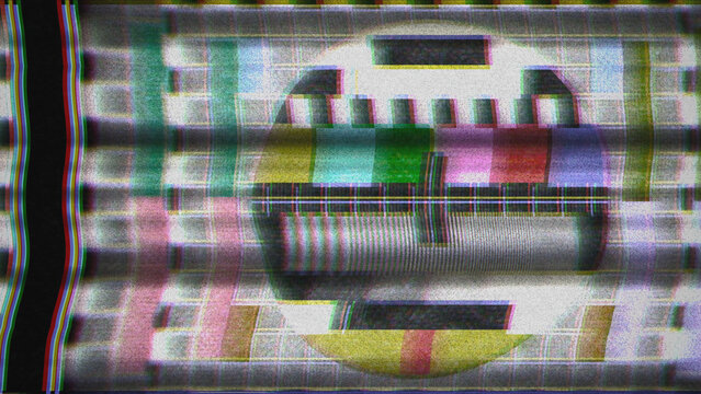 Heavily distorted television test card with extreme static noise and glitch effects. Colorful RGB chromatic aberration creates chaotic visual interference. For error, malfunction, and digital.
