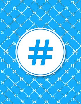 A blue background with white geometric patterns and a white circle containing a blue hashtag symbol