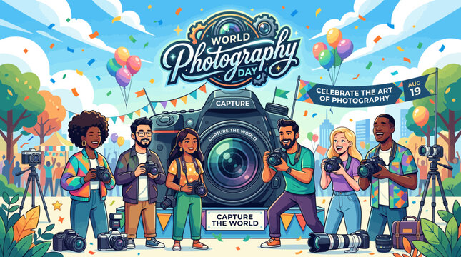 World Photography Day Celebration with Diverse People and Giant Camera