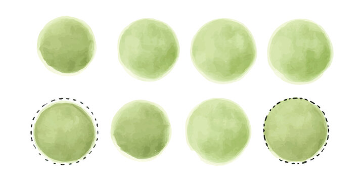 Set of hand drawn light green watercolor circles and dotted border badges