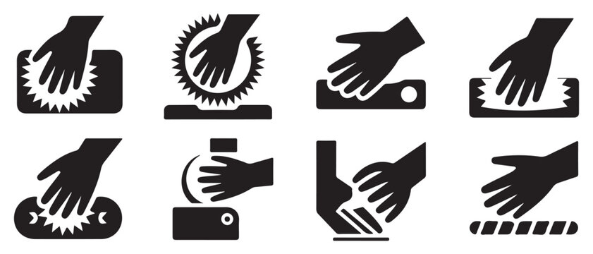 Hand injury warning icons showing danger from machinery rollers and sharp cutting equipment.