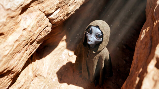 Hooded grey alien extraterrestrial looking up at sunlight in a rocky canyon