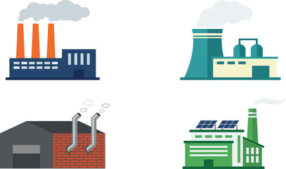 Fototapeta premium Industrial Factory Building Set with Power Plant, Nuclear, Brick Warehouse, and Solar Energy Facility Flat Vector Illustrations