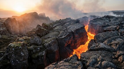 Naklejka premium Molten lava flowing through a deep volcanic fissure in a rugged, rocky landscape at sunset in iceland