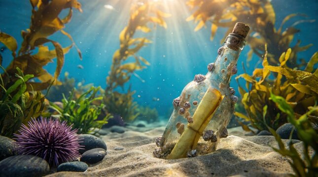 Message in a bottle resting on the sandy ocean floor surrounded by kelp and a sea urchin