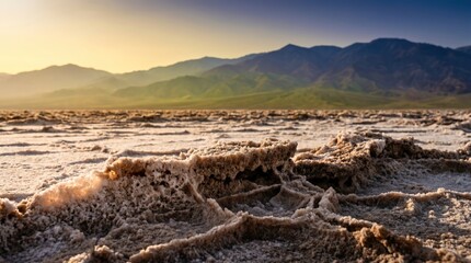 Obraz premium Salt flats landscape in death valley national park at sunset with rugged salt crust formations and distant mountain range