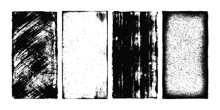 Set of four rectangular grunge frames with distressed black ink textures and rough borders