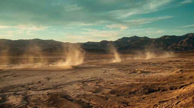 Dust devils swirling over the cracked, dry desert floor of death valley under a dramatic sky at sunset