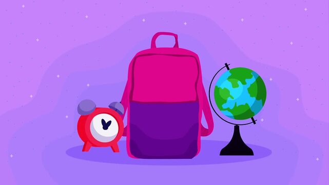 School backpack growing on a purple background next to a globe model and a ringing alarm clock.