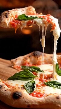 Fresh baked margherita pizza with basil on a wooden board