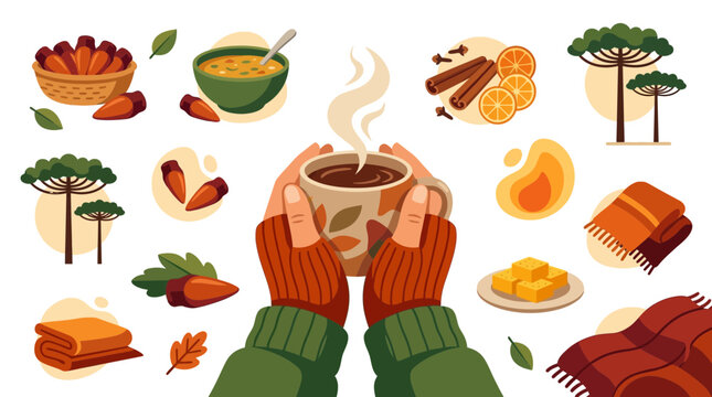 Autumnal cozy scene with steaming cup of coffee and warm clothing