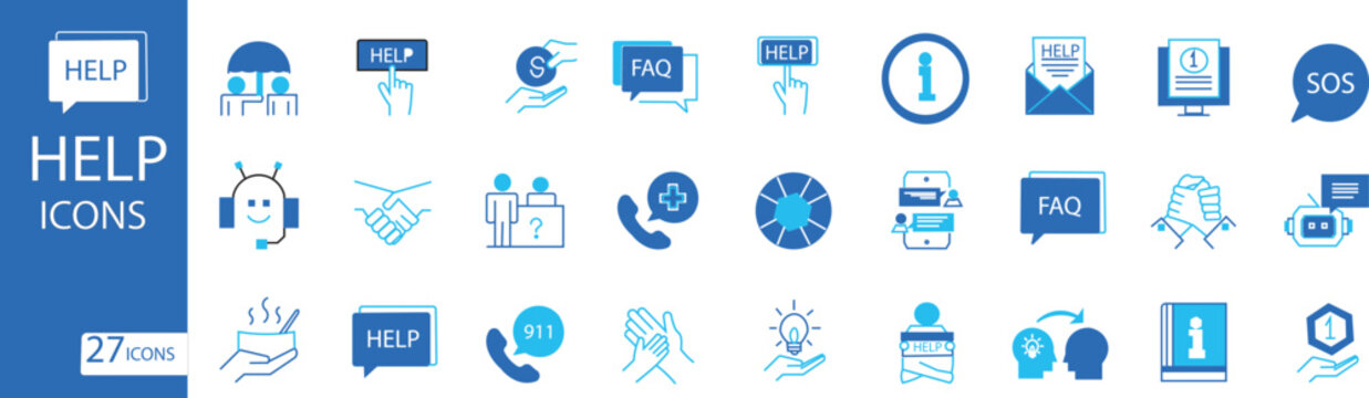 Help icon set. Customer Support and Help Desk Icons Set - 27 Blue Vector Symbols. Contain icons related to help, support, assistance,
