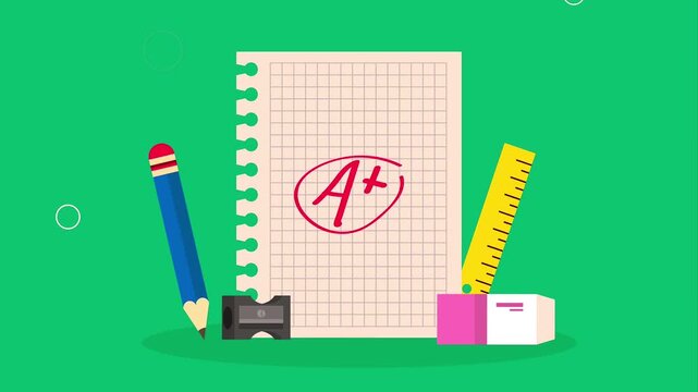 A plus score drawn on a lined notepad sheet surrounded by various colorful school supplies.