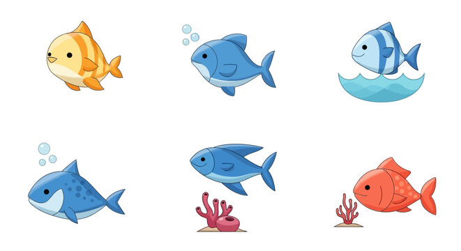 Collection of cute cartoon fish swimming in an aquatic environment.