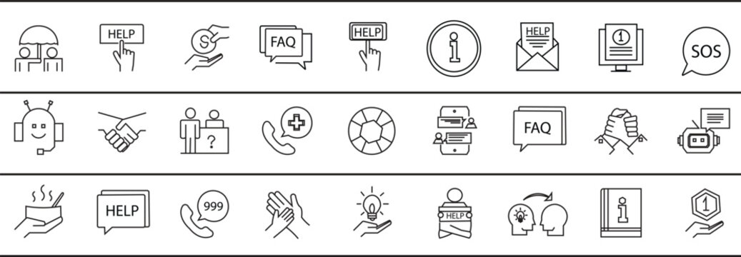 Customer Support and Help Line Icons Set - 27 Minimal Vector Symbols. Editable stroke. Contact Us and Information Center Linear Icons for Web and Mobile U. Help Desk, FAQ and Customer Service
