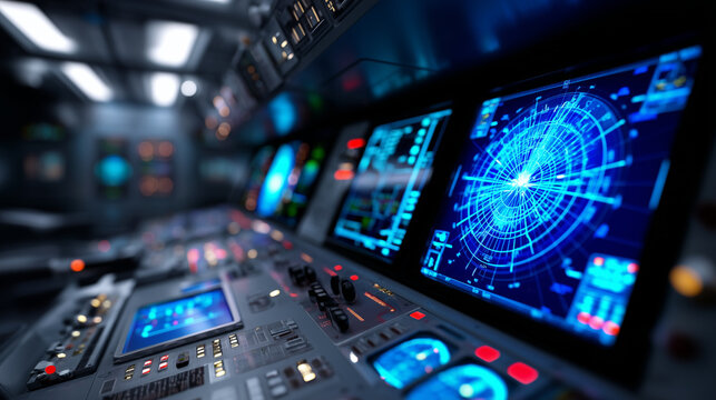 Futuristic spacecraft control room with radar screens and glowing navigation panels, mission command cockpit, aerospace technology, orbital flight monitoring, space exploration, di