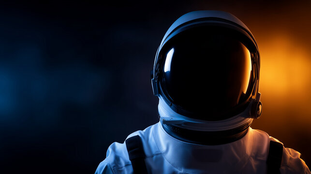 Lone astronaut in dark cosmic environment with glowing visor reflection, space exploration portrait, deep space mission, futuristic aerospace suit, human discovery, Mars journey an