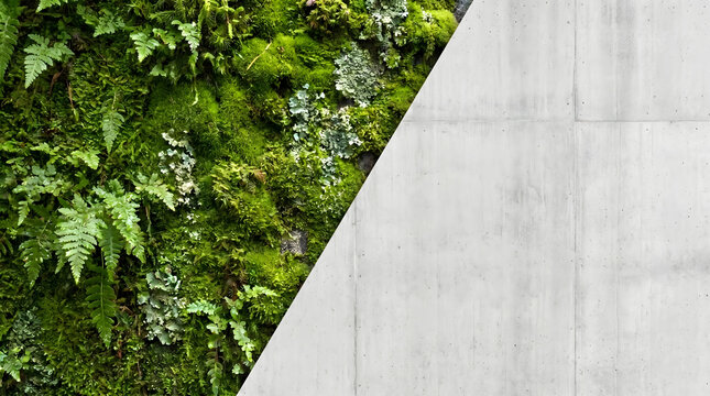 Vertical garden with concrete wall split screen background.