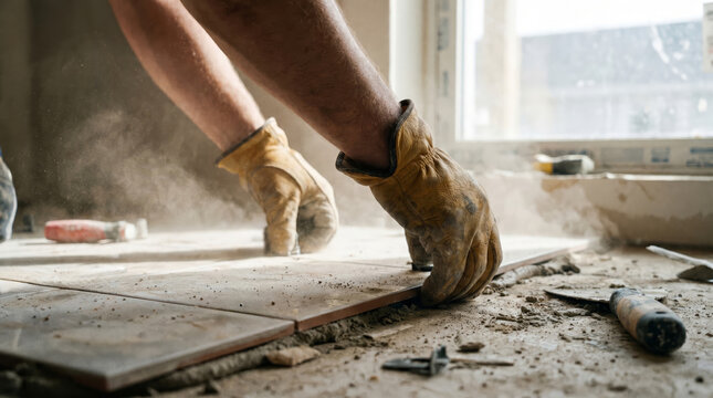 Tiler laying ceramic tile on floor in construction site. Man worker installing floor covering during home renovation. Industrial project, professional bricklayer work and manual skill.