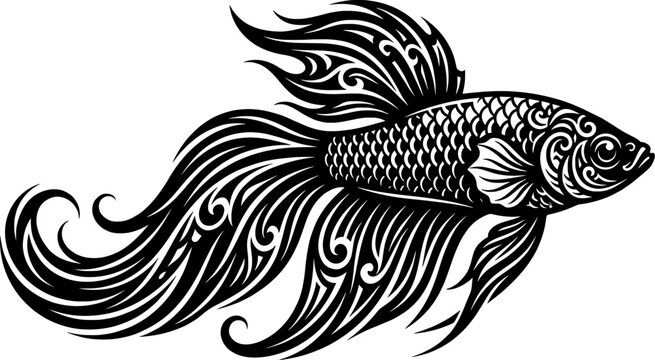 Elegant Betta Fish Silhouette Vector Illustration with Flowing Fins and Ornamental Aquatic Design