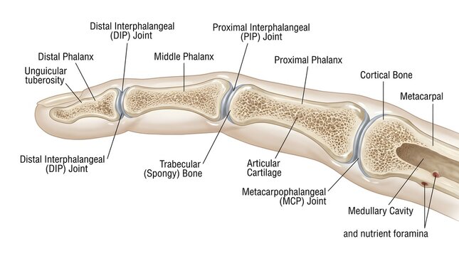 Longitudinal anatomy of a finger ray showing metacarpal head, proximal, middle and distal phalanges, metacarpophalangeal and interphalangeal joints, articular cartilage, trabecular spongy bone, cortic