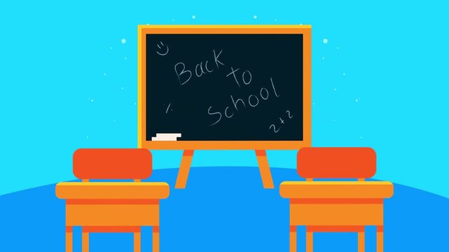 Back to school text and math formulas appearing on a chalkboard template between two wooden desks.