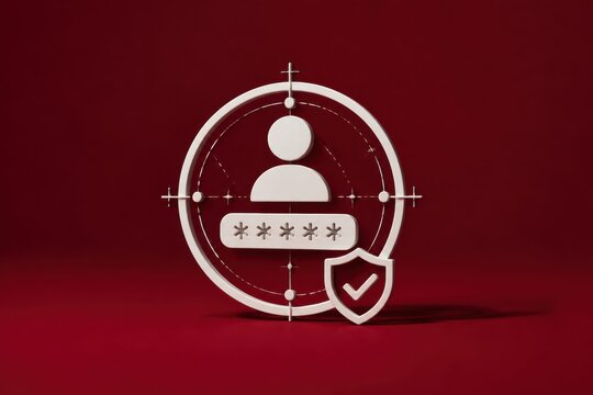 Business login security and user authentication with password protection shield icon on red background