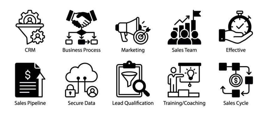 Business process and sales management icon set featuring ten solid black glyphs for CRM, marketing, training, lead qualification, and effective team workflow concepts