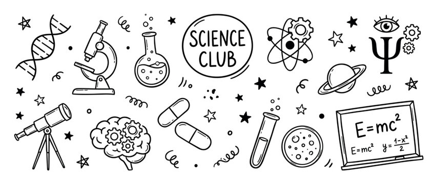 Collection of hand-drawn science club doodles in a black and white sketch style, featuring a microscope, atom, DNA, brain, telescope, and other educational symbols