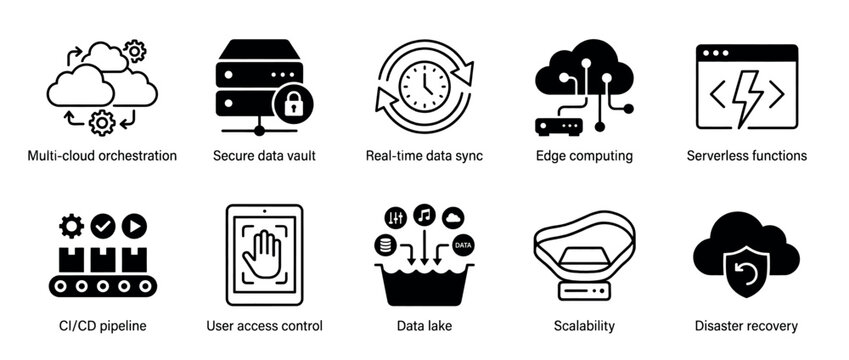Set of ten black glyph icons representing cloud computing and data management concepts like multi-cloud orchestration, secure data vault, CI/CD pipeline, and disaster recovery