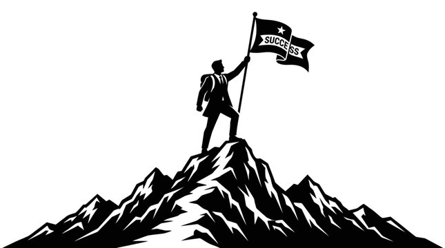 Man standing on mountain peak with flag.