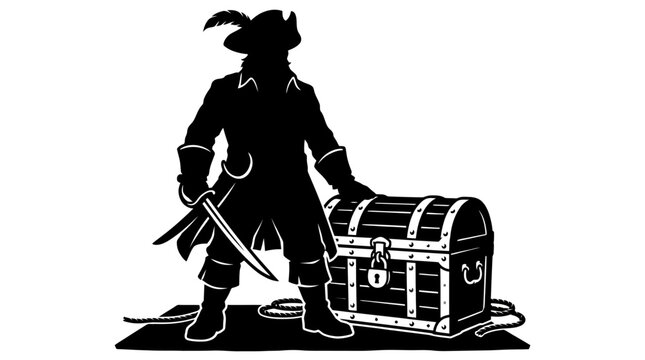 Pirate standing next to treasure chest.